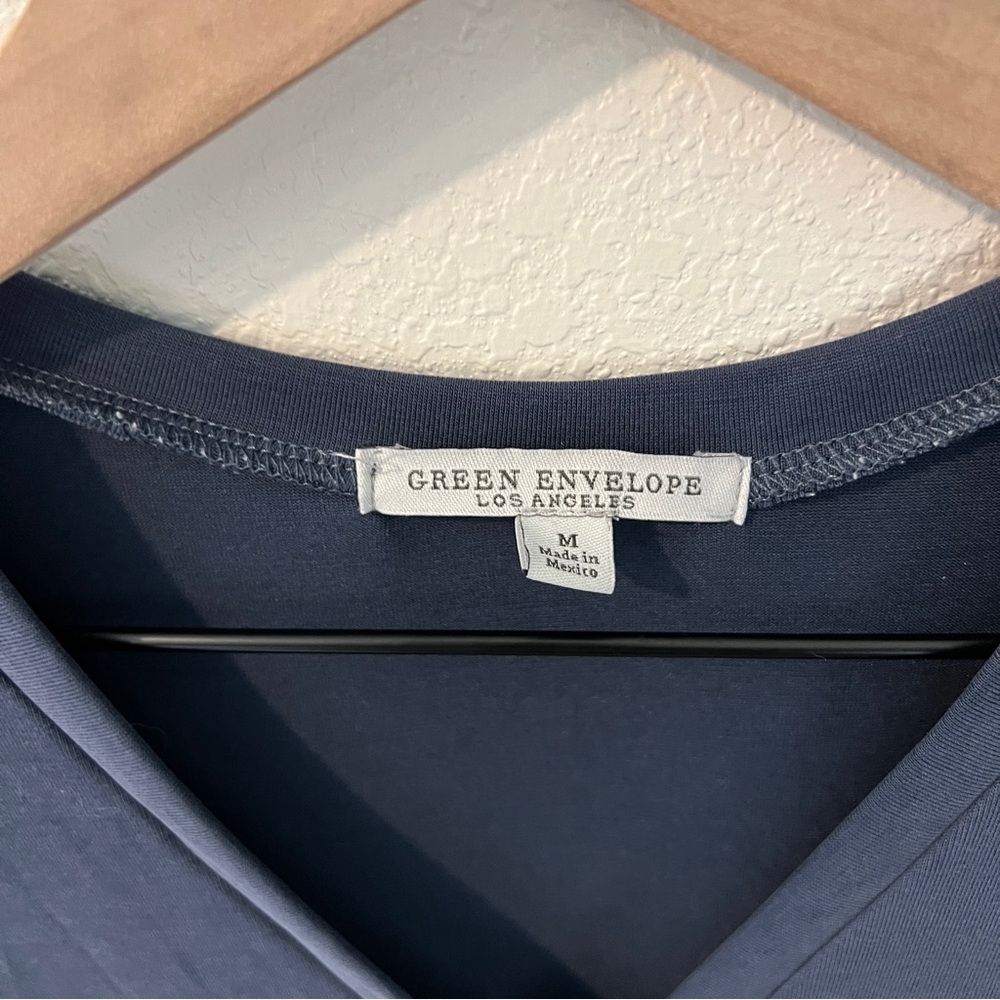 Green Envelop Soft Modal Blue V Neck Button Front Flutter Sleeve Popover Top - Picture 2 of 10